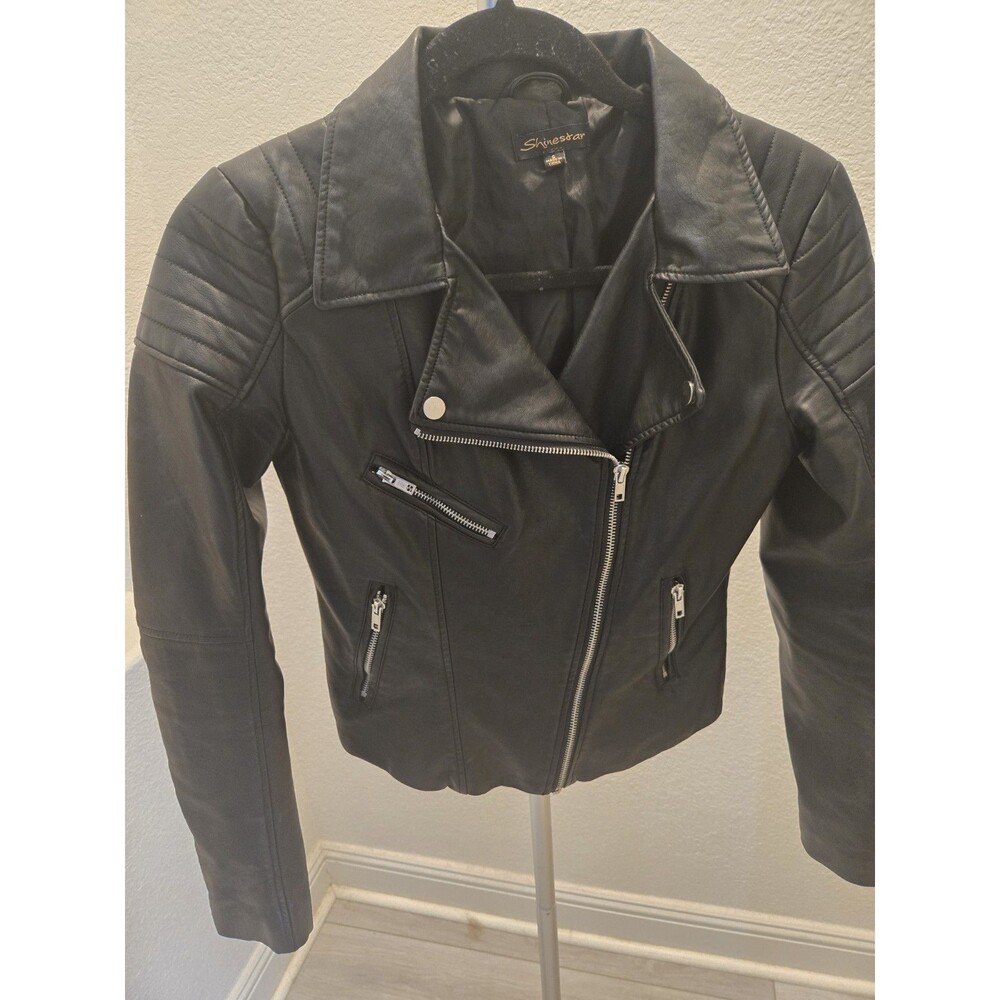 Shinestar S Faux Leather Moto Biker Jacket Womens Black Quilted Shoulder Zip